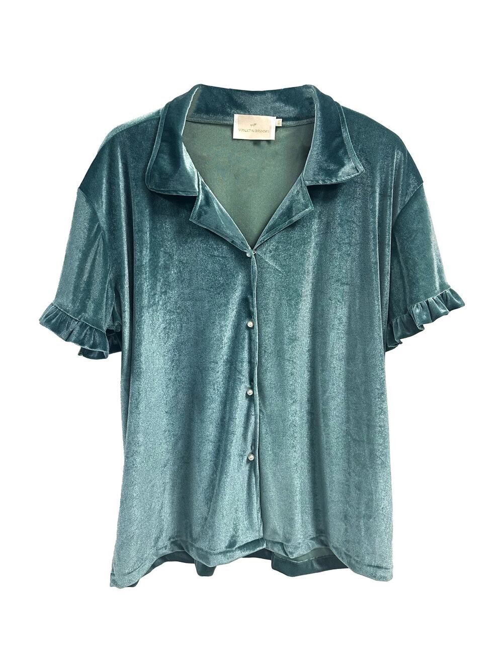 Violet & Brooks Women's Green Velvet Sleep Shirt Pearl Buttons Ruffles Size Med